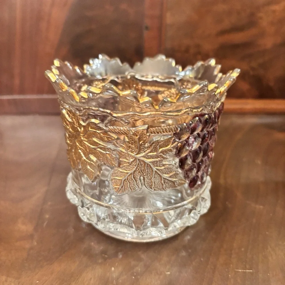 Vintage Mosser Glass Grape Covered Sugar Bowl Purple Grapes Gold Trim Candy Dish